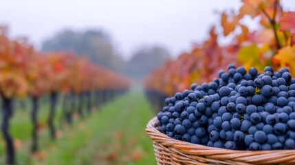 A picturesque landscape of a vineyard during autumn with rows of grapevines heavy with ripe dark...