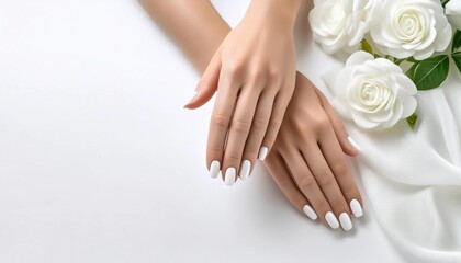 Fototapeta premium Graceful hands with elegant white nails rest gently on a soft white surface, accompanied by delicate white roses. The image exudes purity and simplicity, with a harmonious monochromatic palette.