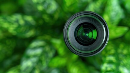 Close-up of camera lens in lush green foliage