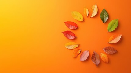 Fototapeta premium Vibrant Autumn Leaves Circular Design on Warm Gradient Background in Flat Illustration Style with Copy Space for Text