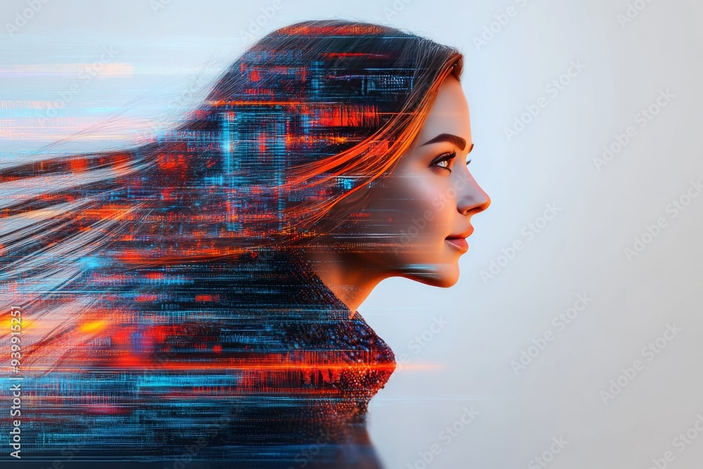 Poster profile of a woman with digital streaks representing fast data transmission speed of thought and the