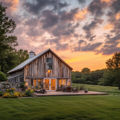 Obraz premium Sunset Ambiance in a Sturdy Barn Converted into a Cozy Home