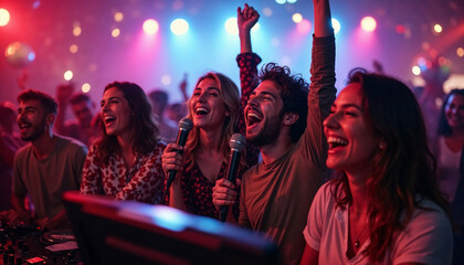 Friends at a lively karaoke party in a brightly lit nightclub, enjoying with joy and vibrant decorations.







