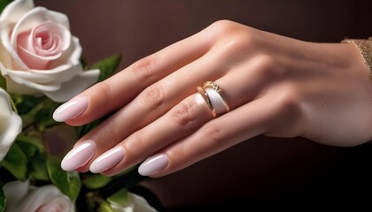 Fototapeta premium Close-up of a hand with soft pink nails, adorned with a gold ring, gently resting near delicate white roses. The composition radiates elegance and romantic beauty, enhanced by the gentle lighting.