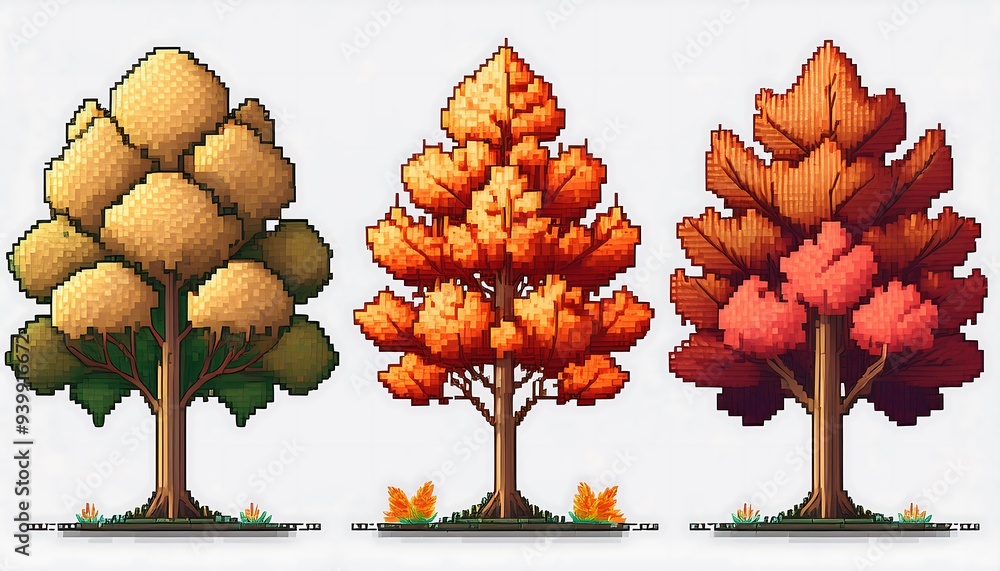 Wall mural pixel art autumn trees - 16-bit pixel art asset collection with a focus on autumn trees. isolated on