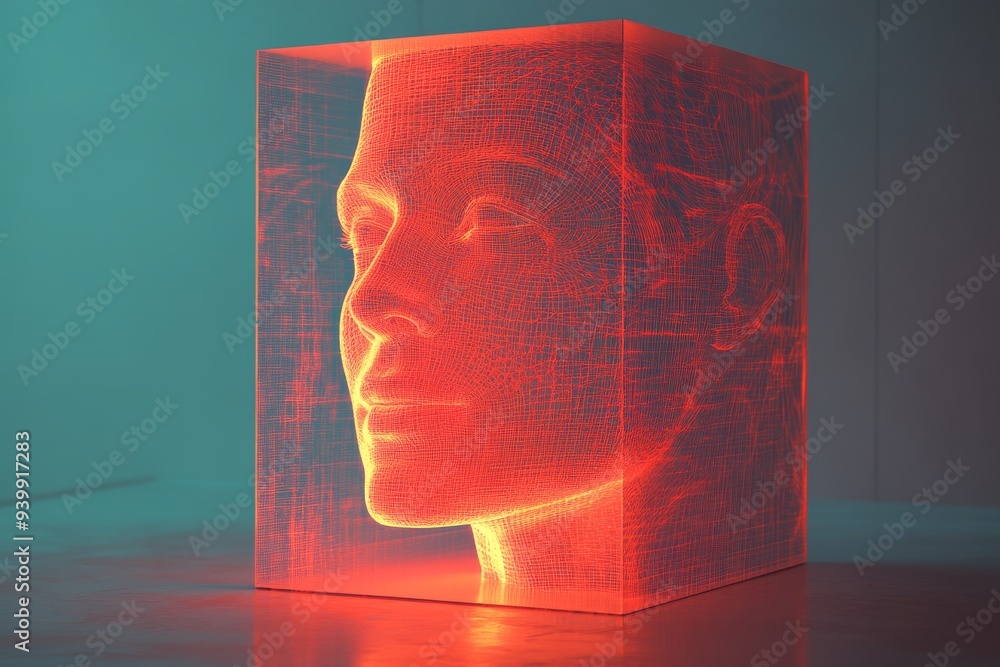Poster abstract human face encased in a red glowing cube symbolizing the fusion of identity technology and 