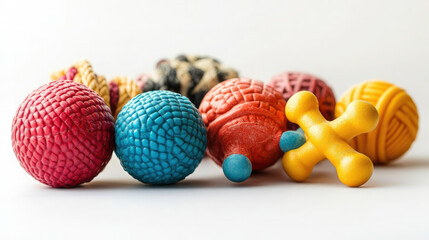 layout of a set of dog toys on a white background, ball, rubber bone, rope, training, pet, teether, game, play, entertainment for domestic animals, care, canine, plastic, isolate