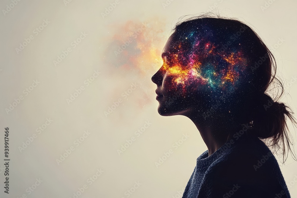 Poster side profile of a woman with exploding head visualization representing the overwhelming power of tho