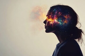 Side Profile of a Woman with Exploding Head Visualization Representing the Overwhelming Power of Thoughts Mental Disruption and the Struggle for Cognitive Clarity