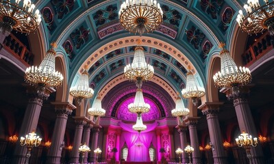 Obraz premium Beautiful wedding area with chandeliers and bright arches