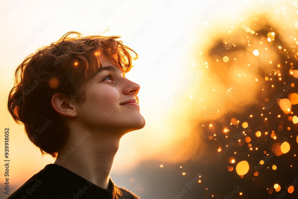 Poster young man in sunset light with glowing particles representing the harmony between nature thought and