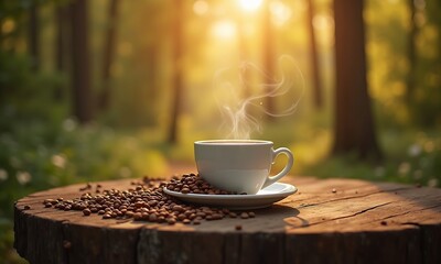 Obraz premium Fresh coffee on rustic table in nature generated by 