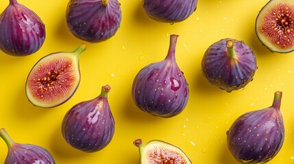 Fresh figs in rich hues sparkle against a warm yellow background, evoking summer abundance.