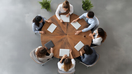 A diverse team of eight professionals engages in discussion and brainstorming at a round table in a contemporary office space, fostering collaboration