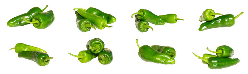 ostra zielona papryczka na białym tle, zestaw papryczek
