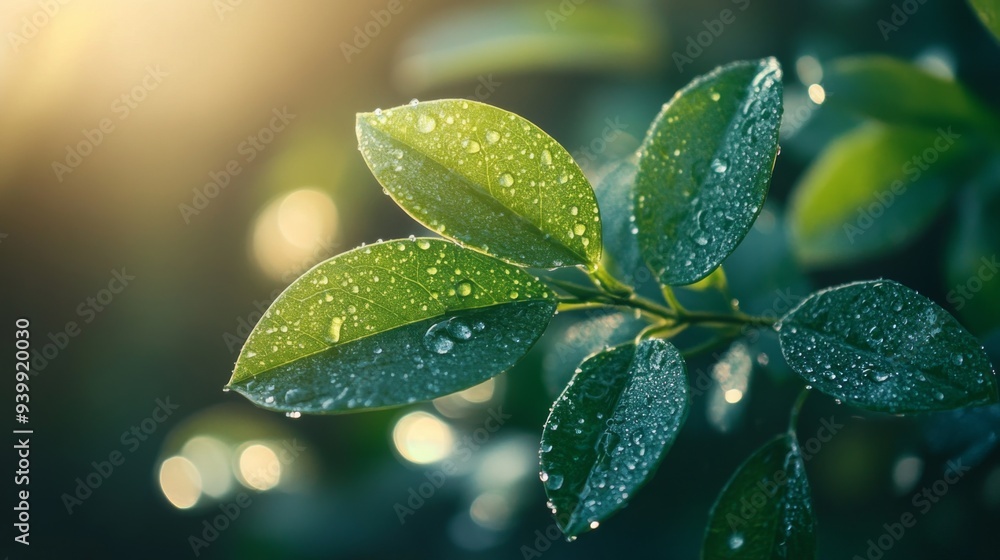 Wall mural fresh green leaves with morning dew