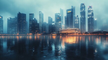 Obraz premium Modern Skyline Reflections on a Foggy Night