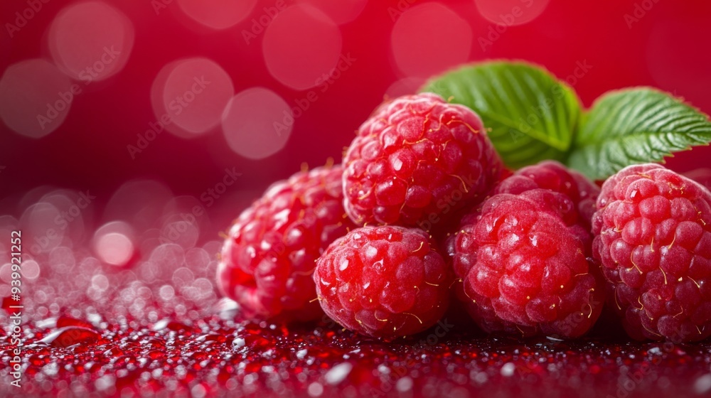 Poster fresh raspberries on sparkling background