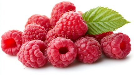 Fresh Raspberries with Green Leaf Isolated on White Background