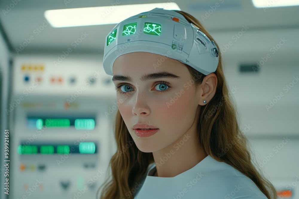 Poster young female scientist wearing brainwave monitoring device representing the intersection of neurosci