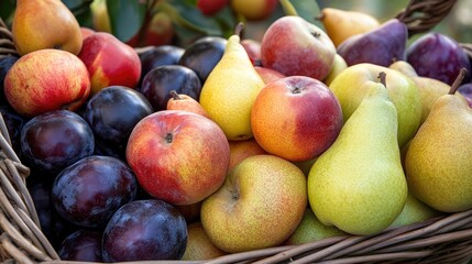 A basket of freshly harvested organic apples, pears, and plums, emphasizing farm-to-table goodness
