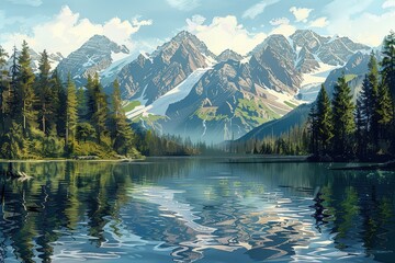 Tranquil Alpine Lake Amidst Towering Pines