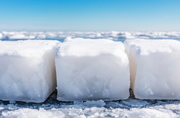 Frozen winter landscape with snow-covered blocks of ice