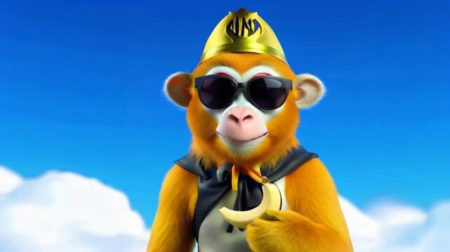An animated monkey in sunglasses channels its inner superhero with a golden crown and playful demeanor against a bright blue sky backdrop. Generative AI