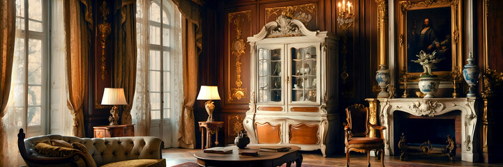 Luxurious interior in classic 18th century style, with detailed wood paneling, ornate furnishings, and elegant draperies with dark brown tones and gold accents.
