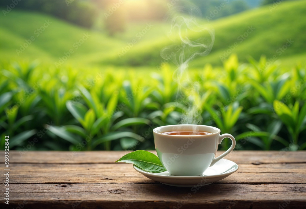 Wall mural Hot tea cup on a wooden table with a tea leaf, set against lush green tea plantations and rising steam.







