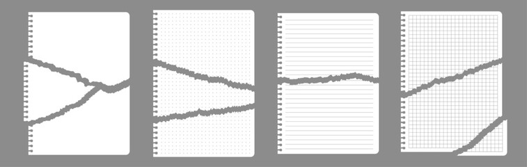 Ripped notebook paper, pieces of pages of school notepad, white scraps of notepaper. Vector illustration.