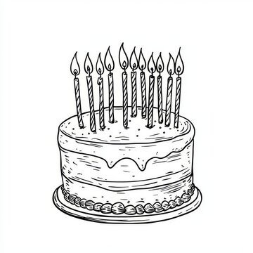 recommend clip art: A black-and-white cartoon depicting a birthday cake
