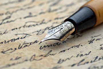 Fototapeta premium close-up of a vintage fountain pen placed on an old handwritten letter emphasizing the art of writing and nostalgia