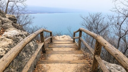 Obraz premium Wooden stairs leading down to a serene lake