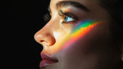 Illuminated Beauty: A young woman's face is adorned with a radiant rainbow prism, highlighting her captivating gaze in a portrait of color and light. 