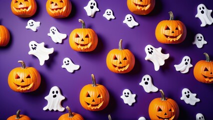 Naklejka premium Halloween decor with pumpkins and ghosts on purple background