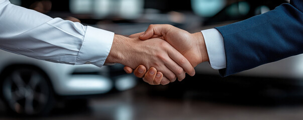 Obraz premium Close-up of two businessmen shaking hands in a car dealership, symbolizing agreement, partnership, or successful negotiation.