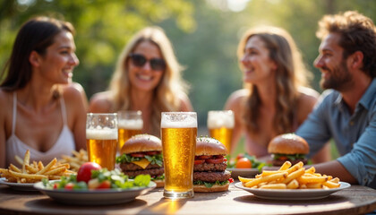 Friends enjoying a summer BBQ with burgers and beers on a table, in a sunny, lively outdoor setting.







