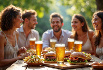 Friends enjoying a summer BBQ with burgers and beers on a table, in a sunny, lively outdoor setting.







