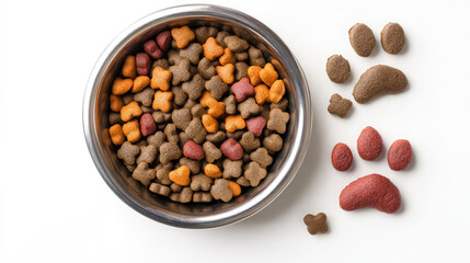 metal bowl with dry dog ​​or cat food on white background, pet care, animal feeding, paws, domestic animals, nutritious, healthy, vitamins, meat, wheat