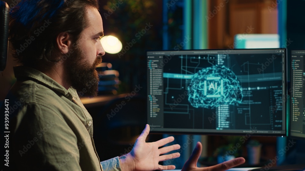 Poster man staggered by ai gaining consciousness, becoming android and waving hand to salute him. computer 