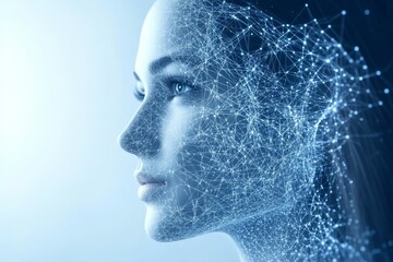 Profile of a Woman with a Digital Face Symbolizing the Intersection of Thought Technology and the Expanding Horizons of Cognitive Science in a Modern Age