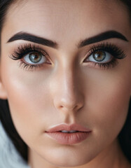 Fototapeta premium Portrait of a woman face, showcasing her eyes, nose. Her makeup is natural and subtle, highlighting her features. Beautiful large eyes with long black eyelashes, clearly defined black eyebrows. AI