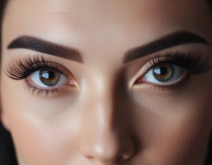 Obraz premium Portrait of a woman face, showcasing her eyes, nose. Her makeup is natural and subtle, highlighting her features. Beautiful large eyes with long black eyelashes, clearly defined black eyebrows. AI