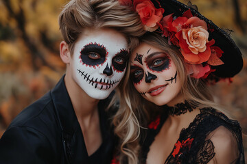 Fototapeta premium Teen couple with Halloween makeup and scary Halloween costume in the fall for Halloween, trick or treating, generative AI