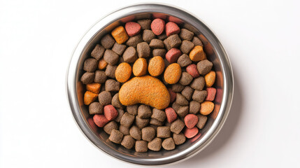 metal bowl with dry dog ​​or cat food on white background, pet care, animal feeding, paws, domestic animals, nutritious, healthy, vitamins, meat, wheat