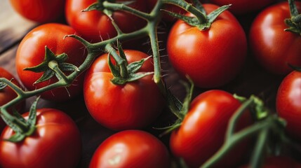 A close-up of freshly picked organic tomatoes still on the vine, highlighting their freshness