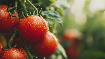 A close-up of freshly picked organic tomatoes still on the vine, highlighting their freshness
