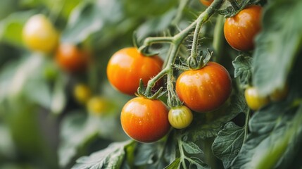 A close-up of freshly picked organic tomatoes still on the vine, highlighting their freshness