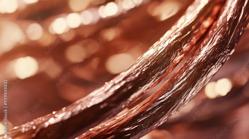Poster close-up of red copper wires shows their glossy texture and intricate design against a soft gradient